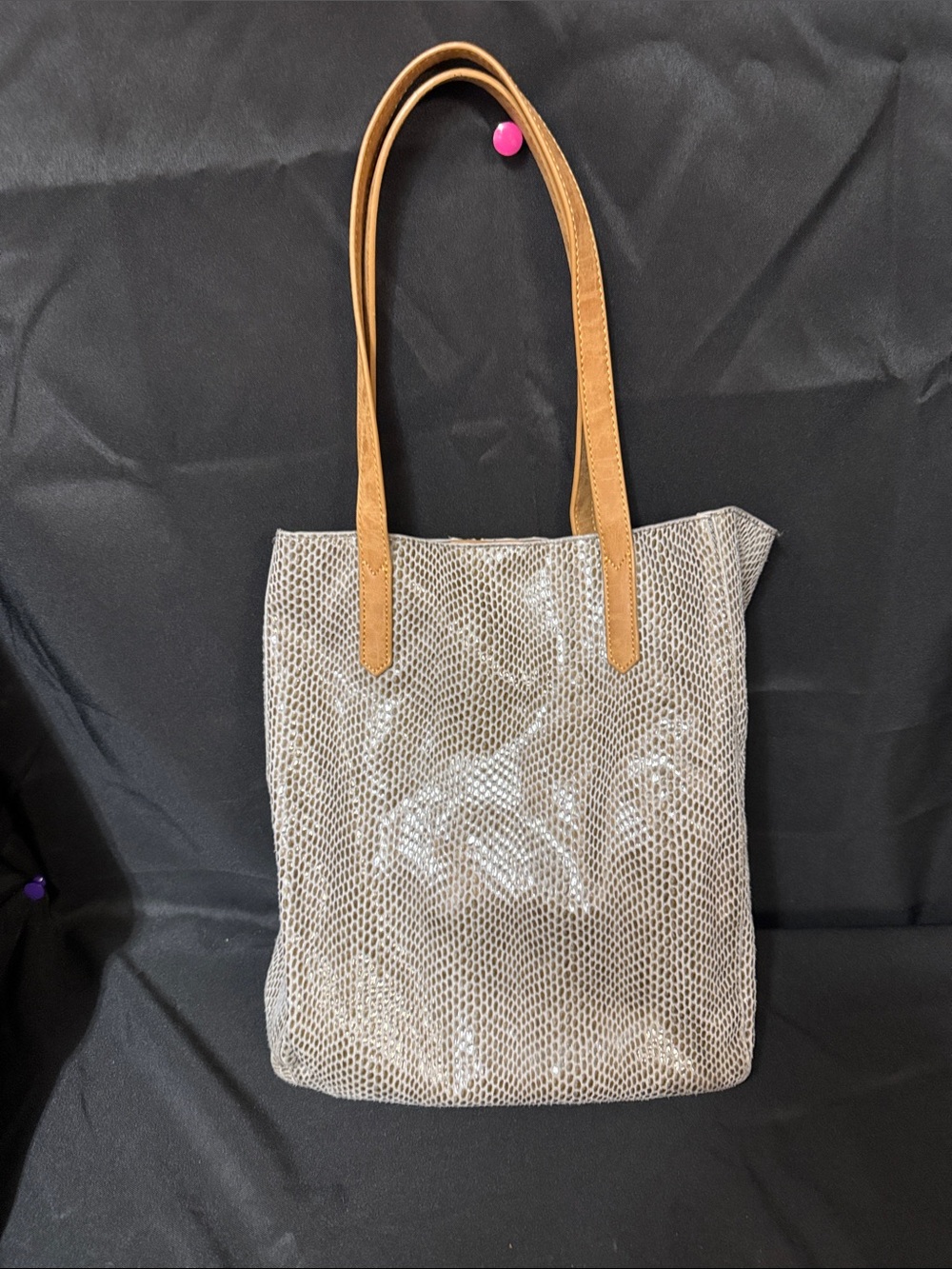Joy Susan Python Print Vegan Leather Neutral Mesh Tote with Tan Shoulder Straps